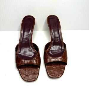 Staud Brown Gene Croc-Embossed Leather Kitten Heels